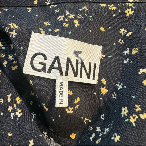 GANNI V-Neck Black Floral Print Collared Long Sleeve Button Down Shirt - Picture 4 of 6